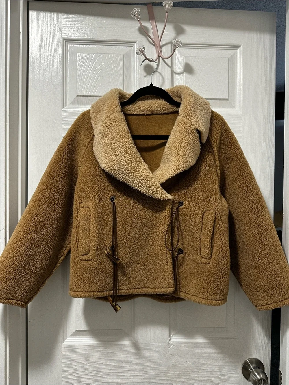 In Studio Teddy Sherpa Jacket Small Camel Faux Shearling Drawstring Bomber Coat - Picture 2 of 8